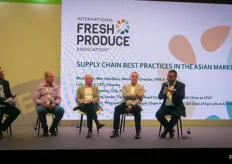 A panel hosted by the International Fresh Produce Association (IFPA) discusses supply chain best practices in the Asian market at the Asia Fruit Business Forum. To the left is Ben Hoodless, Managing Director at IFPA Australia-New Zealand.